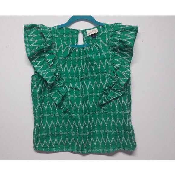 womens UNIVERSAL THREAD GOODS CO top green Sz M cotton embroidered ruffled EUC - Picture 9 of 9